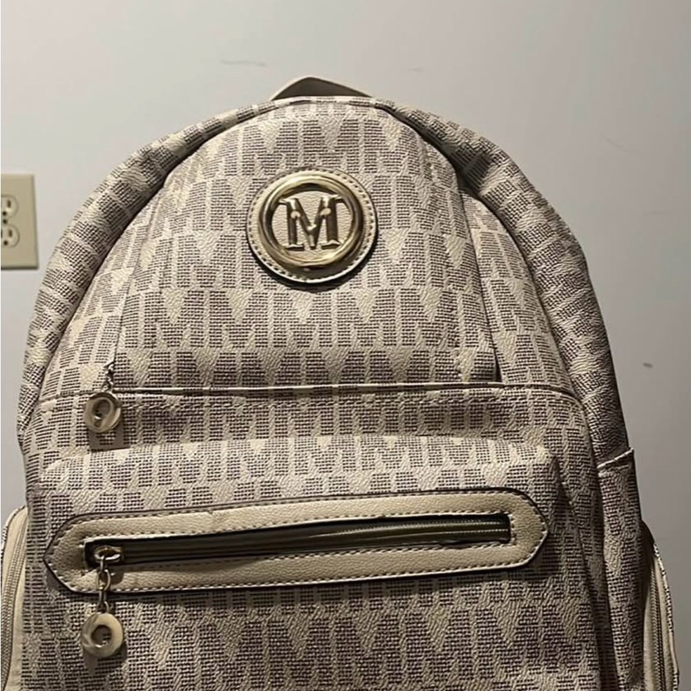 Beige Monogrammed Backpack with Front Zip - image 1